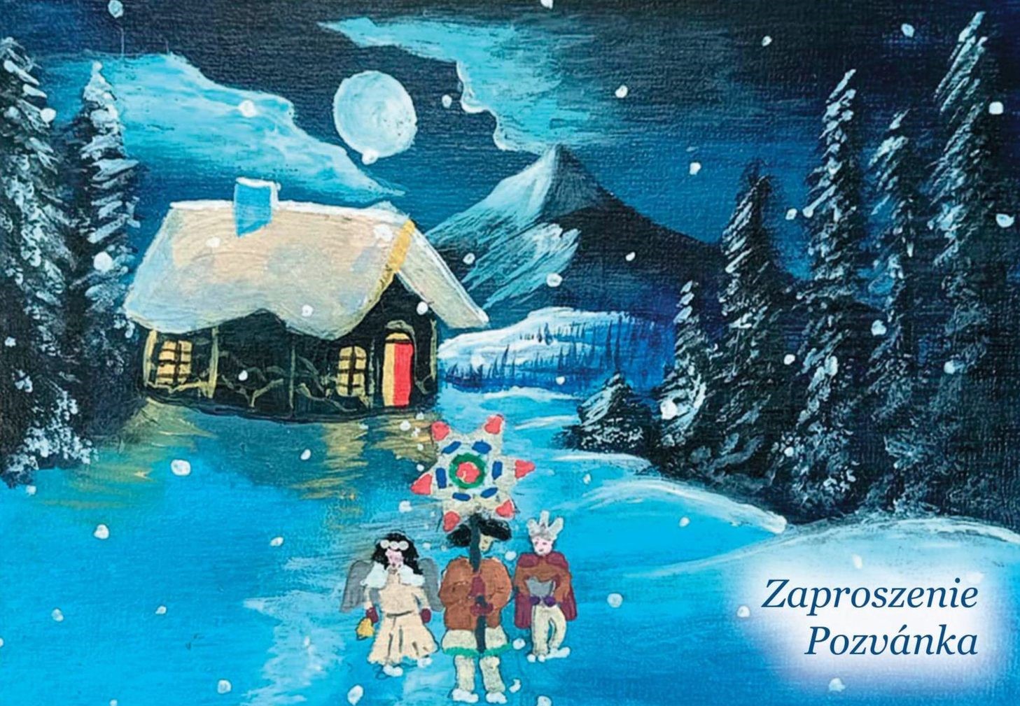 Obrázok detí a zimnej krajinky, ilustrácia z pozvánky na výstavu