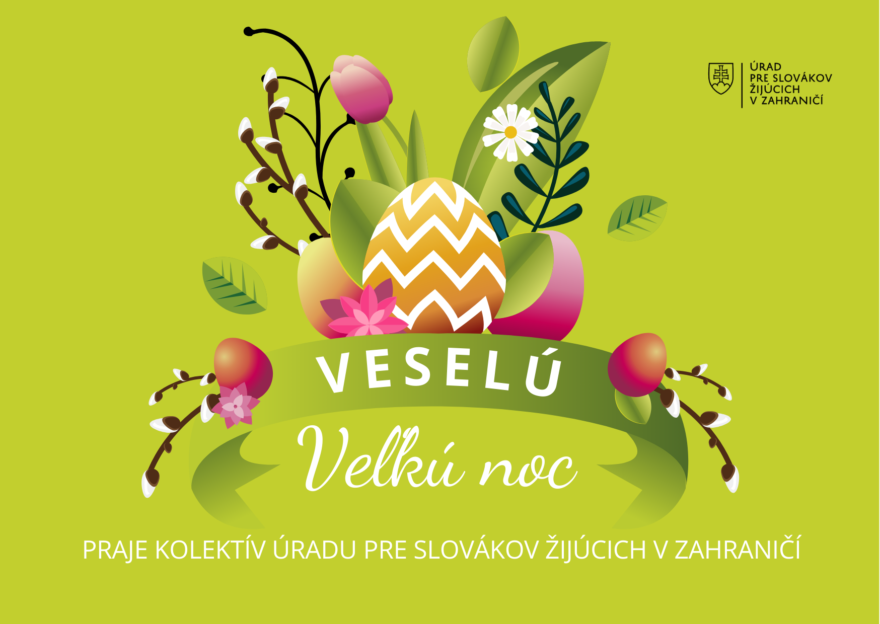 Veľkonočné prianie_ÚSŽZ - kraslice, bahniatka a tulipány na zelenom pozadí